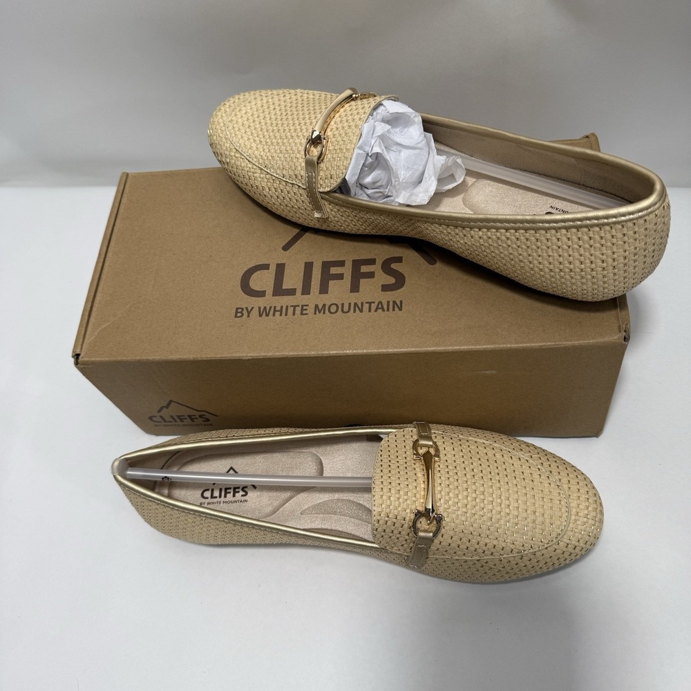 Cliffs by White Mountain Woven Loafers Beige Gold Horsebit Slip‎ On Flats NIB